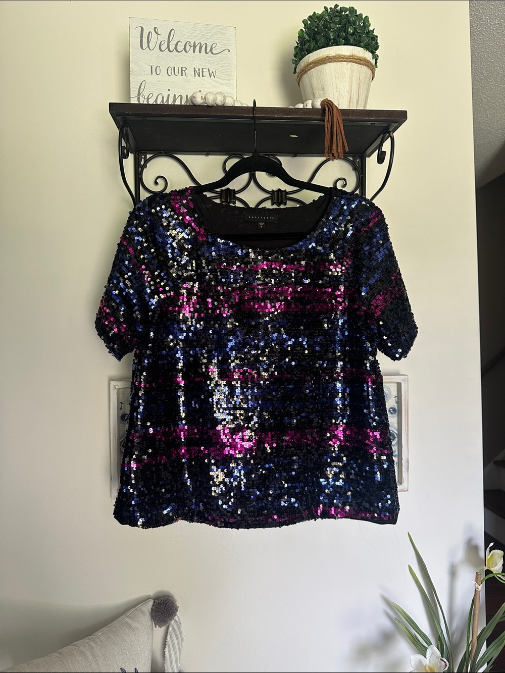 Sequin Short Sleeve Top by Sanctuary - Black, Blue, Pink/Purple